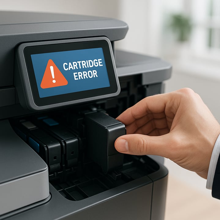 Close-up of a modern office printer display screen